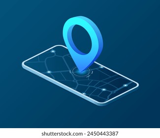 Navigation system showing a tracking destination. Traveling with modern gps system. Pin and map with route for travel and trip navigation. Location with GPS map app. Vector illustration