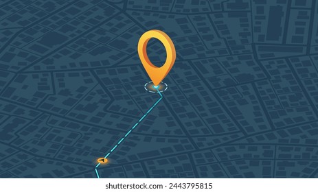 Navigation system showing tracking navigation in progress on the streets. Track navigation pin on street maps, navigate mapping locate position pin. Vector illustration