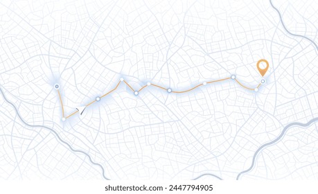 Navigation system showing tracking navigation in progress on the streets. Track navigation pin on street maps, navigate mapping locate position pin. Vector illustration