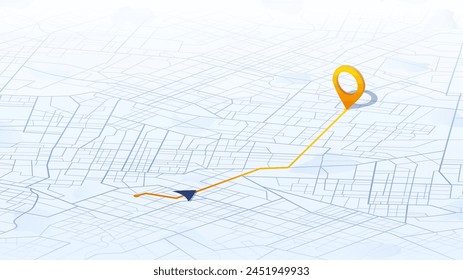 Navigation system showing tracking navigation in progress on the streets. Track navigation pin on street maps, navigate mapping locate position pin. Vector illustration