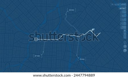 Navigation system showing a tracking navigation in progress in the streets. Track navigation pin on street map,navigate mapping locate position pin. Vector illustration