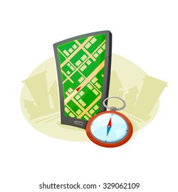 The navigation system in the smart phone and the compass in a landscape concept design, vector illustration