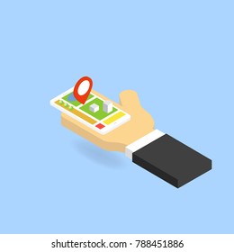 Navigation system of the smartphone in the hand. Isometric vector illustration.