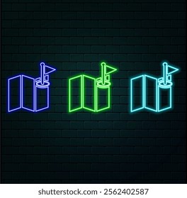 Navigation tag neon light line art vector icon. Outline symbol of position marker. Location pin pictogram made of thin stroke. Isolated on background..