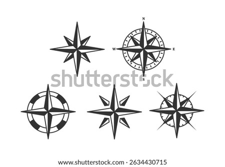 Navigation, terrain orientation or direction. Compass icons set. Compass rose sign. Star icon navigation. Northern Star. Polar Star logo. Windrose symbol. Nautical wind rose icon. Travel map. 