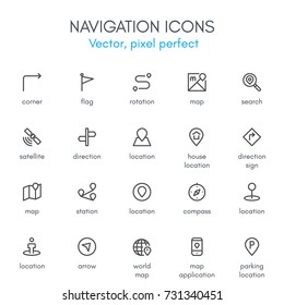 Navigation theme, line icon set. Pixel perfect, fully editable stroke, black and white, vector icon set suitable for websites, info graphics, and print media.