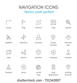 Navigation theme, line icon set. Pixel perfect, fully editable stroke, black and white, vector icon set suitable for websites, info graphics, and print media.