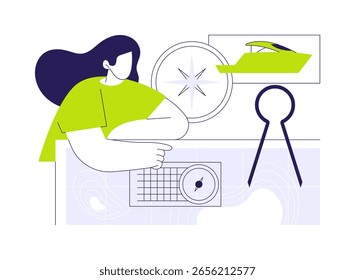 Navigation theoretical course abstract concept vector illustration. Woman with map learning about navigation driving a yacht, sea transport, sailing sport and hobby abstract metaphor.