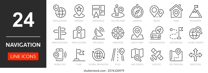 Navigation thin line icon set. Determining geographic location, route planning, and spatial orientation. Geolocation, pinpoint, map, road, compass, check point, GPS - stock vector.