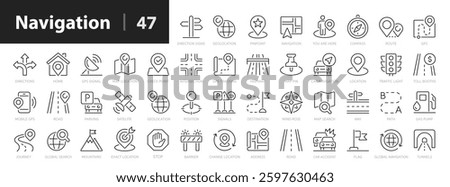 Navigation thin line icon set. Determining geographic location, route planning, and spatial orientation. Geolocation, pinpoint, map, road, compass, check point, GPS - stock vector.