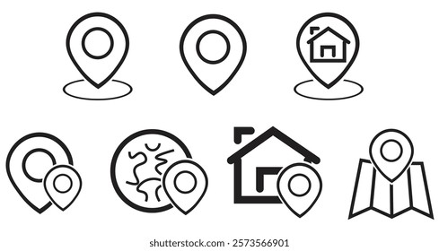 Navigation - thin line vector icon set. Pixel perfect. Editable stroke. The set contains icons: GPS, Navigational Compass, Distance Marker, Car, Walking, Mobile Phone, Map, Road Sign.
