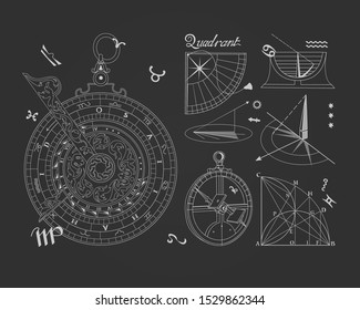 Navigation tools of medieval inventors. Monochrome contour drawing.
