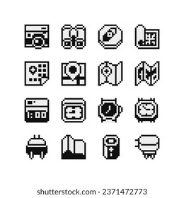 Navigation and tourism pixel art icon set, 1-bit sticker design, camera, binoculars, compass, map, alarm clock, wristwatch, charger. Design for logo, web, app, badges and patches. Isolated vector.