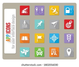 navigation transport map icons set in flat design with long shadow