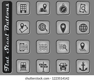 navigation transport and map vector web icons on the flat steel buttons