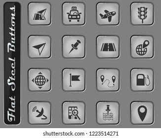 navigation transport and map vector web icons on the flat steel buttons