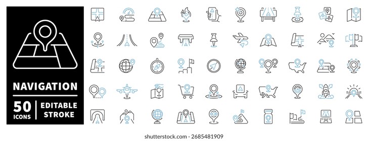 Conjunto de ícones de navegação e viagem - símbolos de contorno, linear, mapa e direção