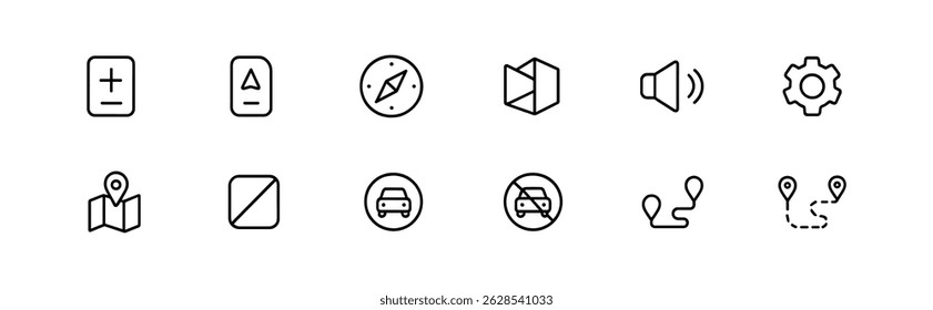 Navigation and travel linear icon set - maps, compass, and route symbols