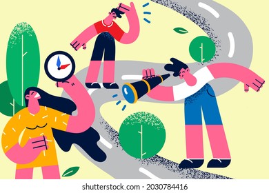 Navigation and trying to find direction concept. Group of young people standing on road looking at spyglass and compass feeling stressed with finding right way vector illustration 