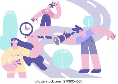 Navegación y tratar de encontrar el concepto de dirección. Grupo de jóvenes de pie en la carretera mirando spyglass y brújula sintiéndose estresado con encontrar la Ilustración vectorial de la manera correcta