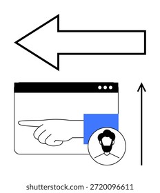 Navegación, experiencia de usuario, herramientas direccionales, guía digital, diseño de interfaz, usabilidad del Web. Ventana del navegador con una mano apuntando, símbolo de flecha e icono de perfil. Navegación y experiencia del usuario