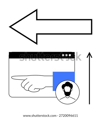Navigation, user experience, directional tools, digital guidance, interface design, web usability. Browser window with a hand pointing, arrow symbol and profile icon. Navigation and user experience