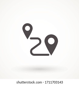 Navigation vector icon. GPS navigation . Distance Travelling Roadway Route location icon, two map pin sign and road or path, start and end journey symbol isolated on white