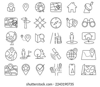 Icono del vector de navegación. Navegación, ubicación, elementos GPS - juego de iconos de línea delgada. Juego de iconos de ubicación. Ilustración vectorial. Iconos del puntero del mapa. 
