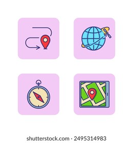 Navigation vector icon set. Globe with satellite, map pointer, gadget with app, compass. Navigation concept. Illustrations can be used for topics like travel, destination, technology