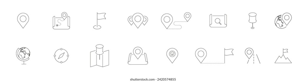 Conjunto de iconos del vector de navegación. Ubicación, mapa, GPS, lugar, dirección, puntero, símbolos de dirección. Colección de iconos lineales. Ilustración vectorial.