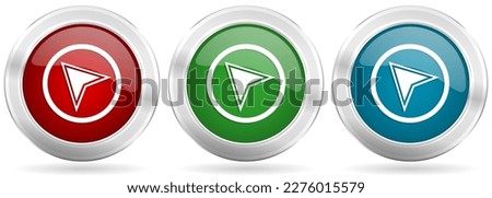 Navigation vector icon set. Red, blue and green silver metallic web buttons with chrome border