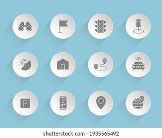 navigation vector icons on round puffy paper circles with transparent shadows on blue background. navigation stock vector icons for web, mobile and user interface design