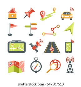 Iconos del vector de navegación establecidos para la plantilla de aplicación del mapa del navegador del coche