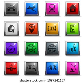 navigation vector icons in square colored buttons for web and user interface design
