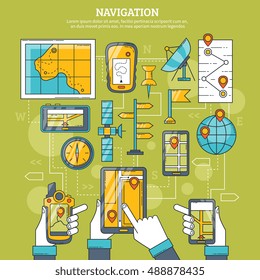Navigation vector illustration with map gps navigator artificial earth satellite and navigation app on tablet screen flat icons