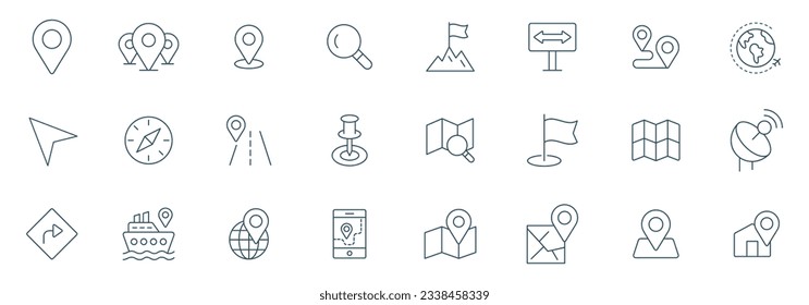 Conjunto de iconos de la línea del vector de navegación. ubicación, mapa, GPS, lugar, dirección, puntero, dirección, ilustración de iconos