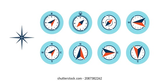 Navigation  vector  set blue icon. Compass, tourism and travel related icons.  Vector illustration in flat style. 
