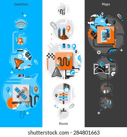 Navigation vertical banner set with satellite route and maps elements isolated vector illustration