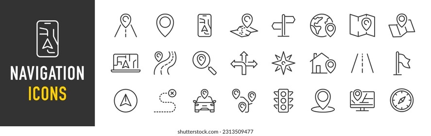 Iconos web de navegación con estilo de línea. Ruta, ubicación, mapa de ruta, tráfico, pin, colección. Ilustración vectorial.