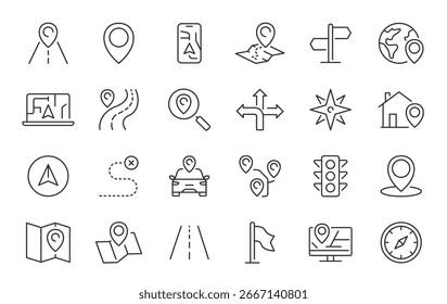 Navigation web icons in line style. Route, location, route map, traffic, pin, collection. Vector illustration.	