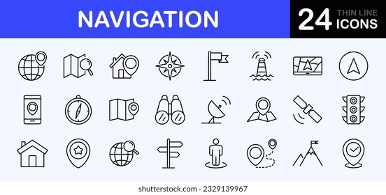 Navigation web icons set. Locations - simple thin line icons collection. Containing route map, navigation, map with a pin, location, direction, maps, traffic and more. Simple web icons set