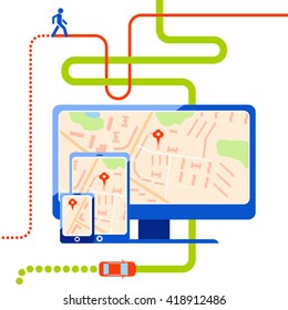 Navigation web map with pin. Route for car and pedestrian. Smartphone, computer and tablet with flat map with notation and markers. Flat vector illustration isolated on wight background