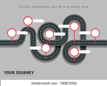 Navigation winding road vector way map infographic on grey background. Road street winding infographic, vector illustration