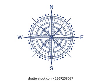 Navigational compass with cardinal directions of North, East, South, West. Geographical position. Line vector illustration