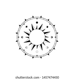 Navigational compass face with rose of winds, sundial and lunar calendar