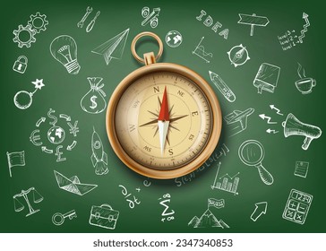 Navigational compass on the background of a school board with drawn doodles. Back to school. Travel concept. Vector illustration.
