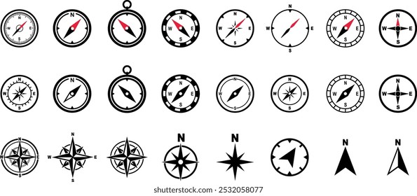 Conjunto de bússola de navegação com direção cardinal de Norte, Leste, Oeste, Sul. Posição geográfica, cartografia e navegação. Carta náutica isolada em fundo transparente.