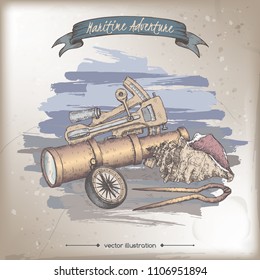 Navigational instruments color sketch. Maritime adveture series. Great for travel ads and brochures, sailing and tourist illustrations.