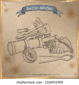 Navigational instruments sketch. Maritime adveture series. Great for travel ads and brochures, sailing and tourist illustrations.