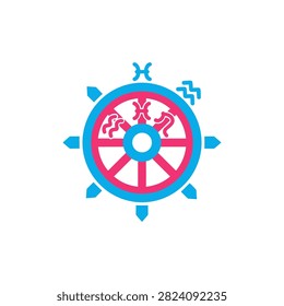 Navigational wheel displaying celestial signs signifies cosmic guidance. Ideal for spiritual or fate related concepts.